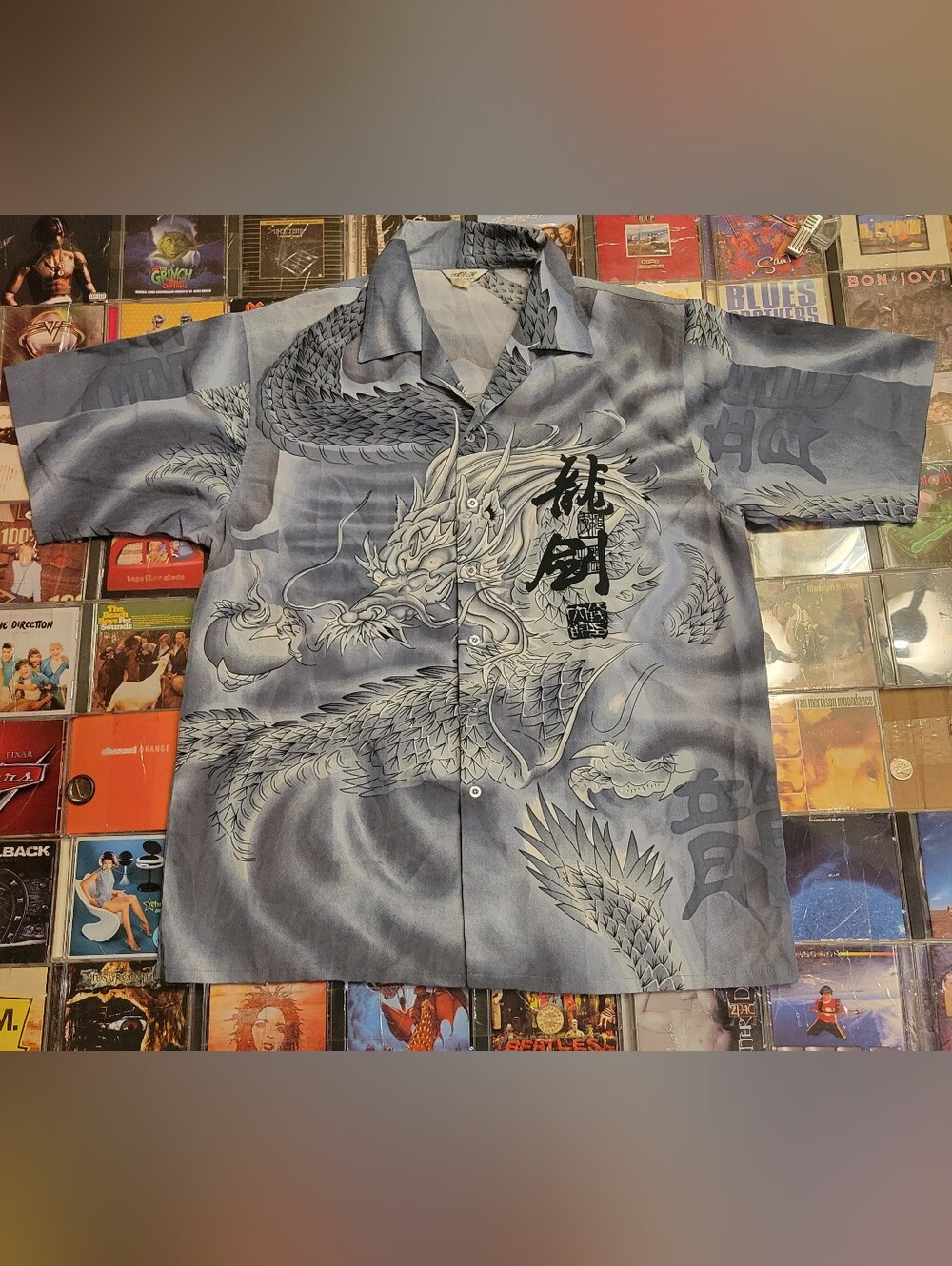 Men's Dragon Print Button-Up Shirt - Gray Blue